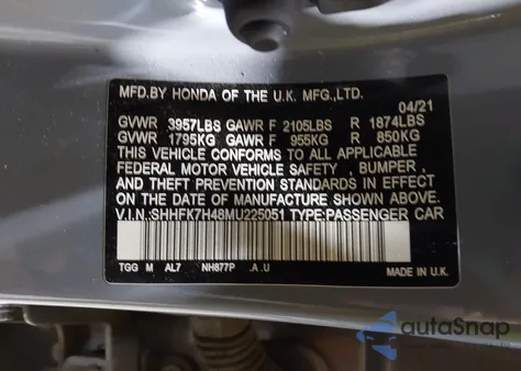 2021 Honda Civic Sport z USA, uszkodzony, nr VIN SHHFK7H48MU225051